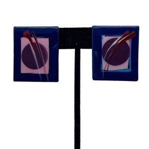 Vintage Signed Geometric Art Ceramic Post Earrings